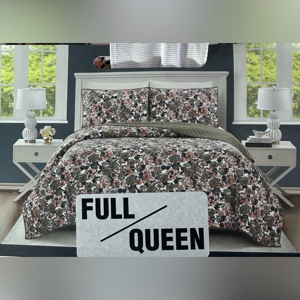 Vera Bradley Full Queen Quilt 3 Pc Bedding Floral Blue Prairie Fatigues NWT